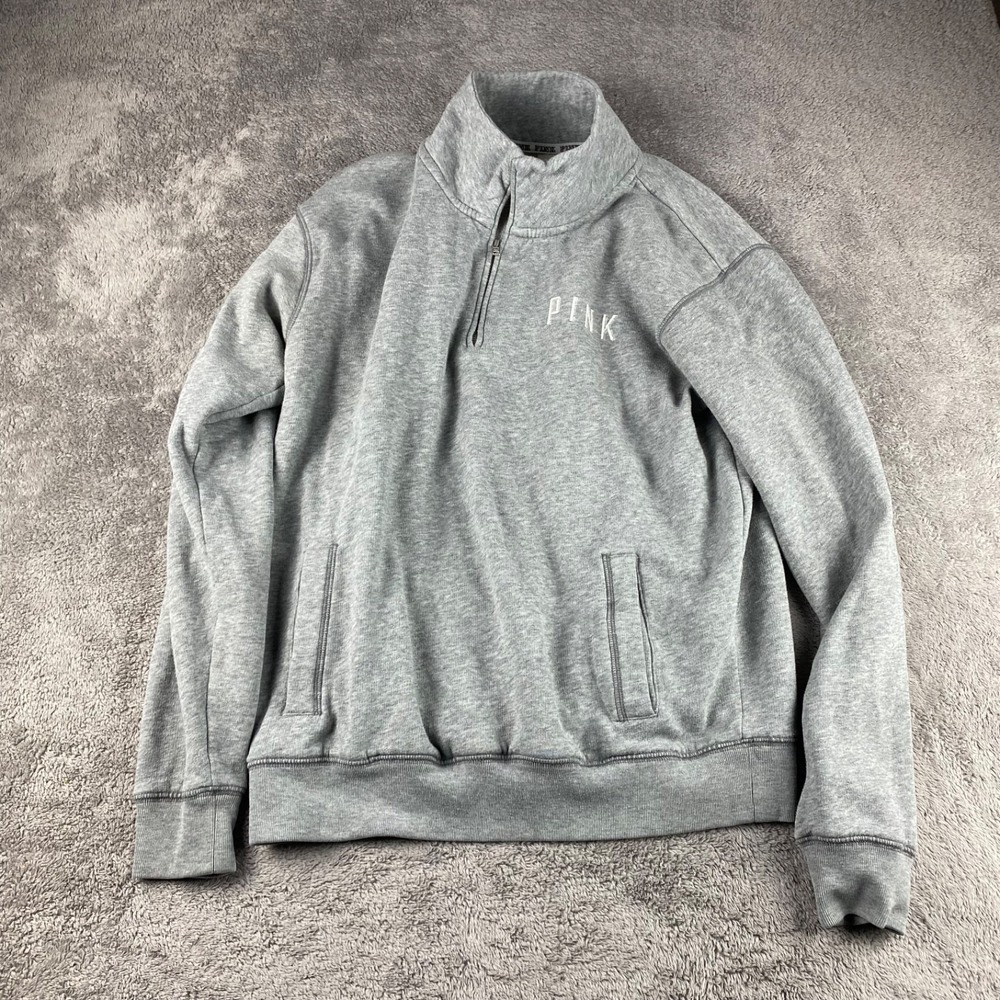 Victoria Secret Pink Pullover Sweatshirt Quarter Zip Pocket Womens Small Gray